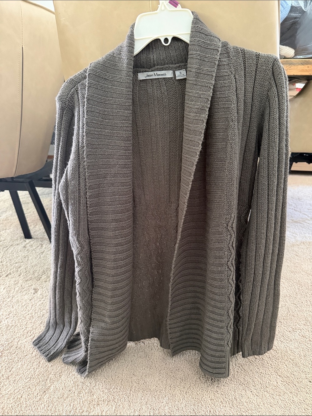 jason maxwell taupe ribbed open-front shawl-collar cardigan